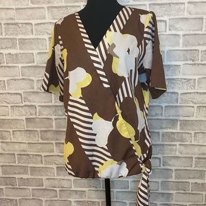 New York and Company Blouse Brown and Yellow Floral with Side Tie Size: Small